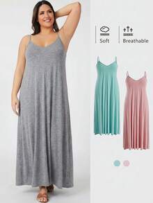 SHEIN BASICS 大码休闲纯色吊带连衣裙，夏季 - 灰色 - 查看 8