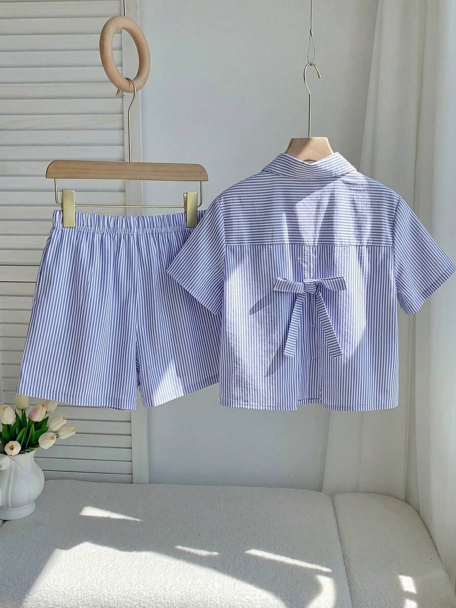 2pcs/Set Girls Bowknot Striped Print Outfit, Shirt Tee And Shorts, Suitable For Commuting And Daily Wear - Blue - View 1