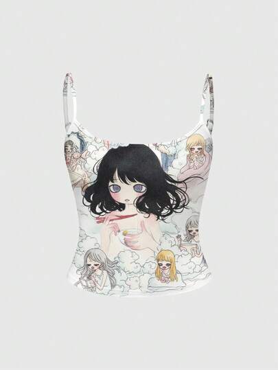 ROMWE Débardeur mignon de style vintage rétro Mori Girl avec personnage d'anime Moe, pour femmes, printemps/été