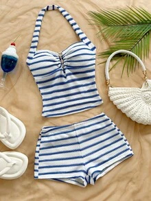 Soleia Women's Blue And White Stripe Halter Top And Shorts Casual Coastal 2 Pieces Set, Summer Outfits For Women Beach - Blue and White - View 3