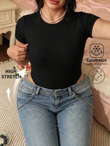 CovetEZ Plus Size Solid Color Casual Bodysuit, Spring/Summer New Arrival Date Night Black - Black - View 3