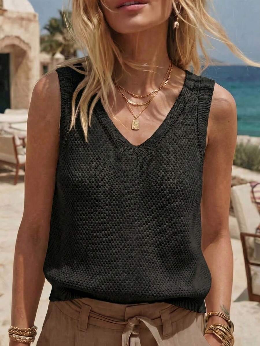 SHEIN Holidaya 新款夏季法式休闲针织背心,单排镂空针织纹理,柔软透气,通勤/工作叠穿设计,优雅V领无袖针织开衫,雾白色 - 黑色 - 查看 1