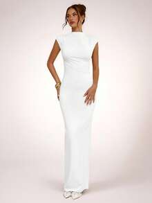 SHEIN BAE Apricot Asymmetric Ruched Bodycon Dress, Minimalist Elegant Long Dress For Spring & Summer - White - View 4