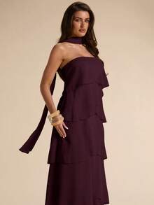 SHEIN BAE Dark Purple Layered Ruffle Hem Dress,Flowy Elegant Dress Suitable For Autumn Party Night,Vacation,Bridesmaid,Wedding,Spring/Summer Wear,Formal Gown - Purple - View 6
