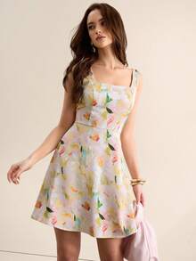 CielaLinda Women's Double-Sided Floral Print Satin Square-Neck Mini A-Line Dress - Multicolor - View 1