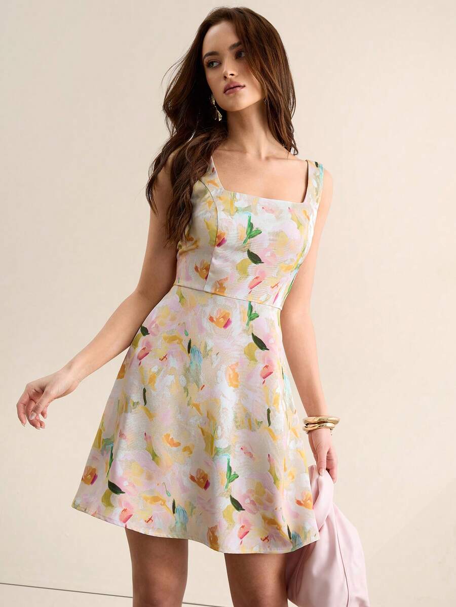CielaLinda Women's Double-Sided Floral Print Satin Square-Neck Mini A-Line Dress - Multicolor - View 1