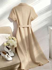 Franclia Polo Collar Elegant Slimming Linen Dress - Khaki - View 2