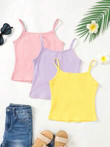 SHEIN 3pcs Tween Girls' Solid Color Knit Camisole Sports Streetwear Set - Multicolor - View 2