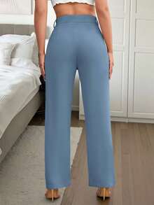 Easowa Pantalones rectos plisados de unicolor simples y regulares para mujer en otoño/invierno - Celeste - Ver 2