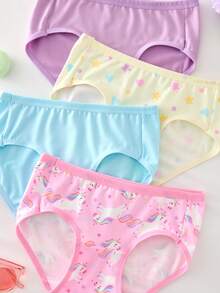 SHEIN 4件組女童幼兒內衣套裝，淺藍、紫色、粉色與奶油色，可愛卡通獨角獸圖案印花與星星圖案，柔軟光滑針織無袖背心搭配高彈性內褲，日常必備運動穿搭，親膚舒適，四季適用輕量衣物 - 藍色 - 查看 5