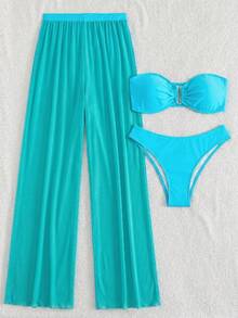 Costavie 3pcs Solid Color Bikini Set For Beach Vacation - Blue - View 5