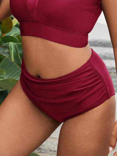 Swim Vcay Quần bikini xếp ly màu trơn dành cho nữ cỡ lớn, thích hợp cho kỳ nghỉ hè ở bãi biển.