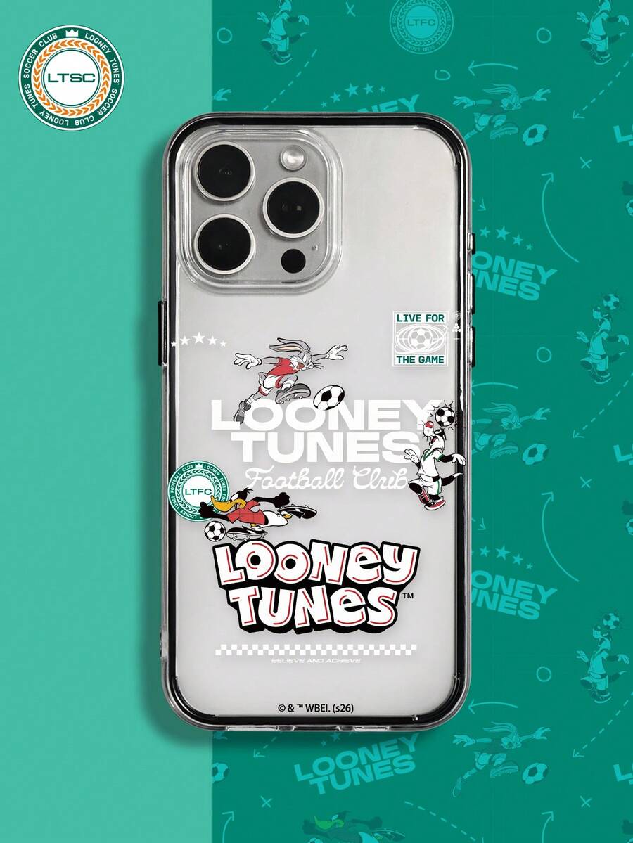 LOONEY TUNES X SHEIN 1个乐一通足球俱乐部透明手机壳,黑色边框,印有兔八哥和他的伙伴们的足球图案、“为比赛而活”的标语以及经典的“乐一通”标志。为您的手机提供全方位防震保护。是卡通爱好者和乐一通粉丝的完美礼物。兼容iPhone手机壳,手机配件齐全,快速发货。 - 無色 - 查看 1