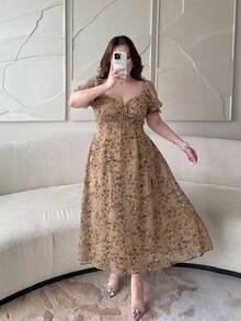 Vibekara 大码女士优雅性感V领收腰连衣裙，适合外出和日常穿着，夏季 - 咖啡棕 - 查看 8