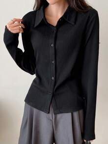 DAZY Ribbed Knit Button Front Top,Fall Clothes Long Sleeve Women Tops - Black - View 6