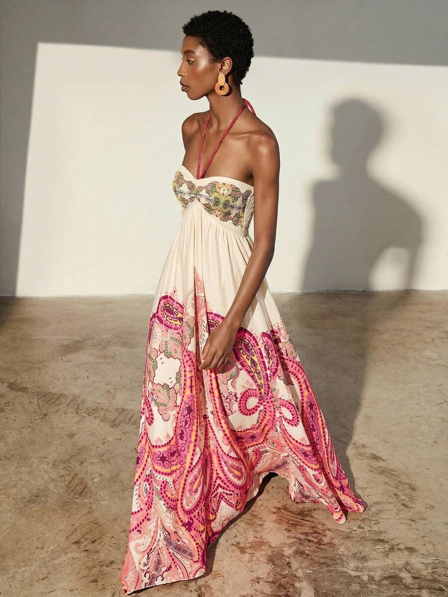 Frievida Chiffon Tie-Dye Print Halter Neck Tie-Up Sleeveless Vacation Dress - Multicolor - View 1