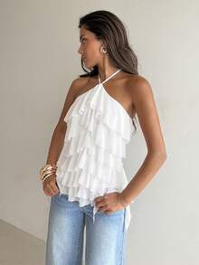 Aloruh Blusa elegante y romántica con cuello de lazo y volantes en capas para vacaciones/citas - Blanco - Ver 5