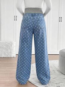 SHEIN Quần bầu dệt kim dáng suông màu xanh dương retro, thích hợp mặc đi lễ hội mùa hè, đi làm, đi nghỉ mát, tốt nghiệp, phong cách Y2K, dễ thương, thời trang đường phố, dự tiệc cưới, thanh lịch, công sở, đi biển, tốt nghiệp, quần jean bầu chấm bi dáng rộng cho bà bầu màu xanh dương. - Màu xanh lam - Xem 2