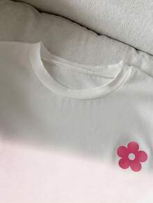 SHEIN Sparklyn 2pcs/Set Tween Girls Floral Print Fitted White Short Sleeve T-Shirt Top And Loose Shorts Set, Summer Outfit - Pink - View 6