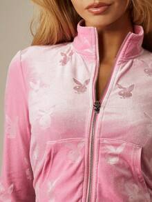 Missguided x Playboy Bunny Head Velour Fitted Full-Zip Crop Sweatshirt With All-Over Logo Print And Zip Neck Long Sleeve - Pink - View 2