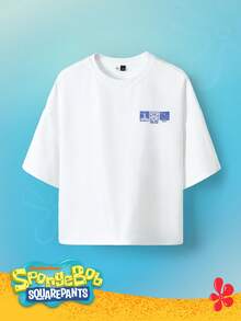 SpongeBob SquarePants | SHEIN Manfinity Hypemode 男士舒適卡通印花圓領短袖T恤，夏季，度假 - 白色 - 查看 2