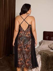 Slumberist Mature Leopard Print Sheer Mesh Lace Crisscross Backless Sexy Plus Size Women Slip Dress + Black 3D Mesh Sleeve Plus Size Robe 2 Piece Set - Multicolor - View 7
