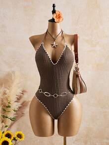 Swim Mod Áo tắm liền thân nữ mùa xuân/hè mới, chất liệu vải dệt màu vàng nhạt, viền hoa, cổ chữ V, kiểu yếm, hở lưng. - Cà phê nâu - Xem 2