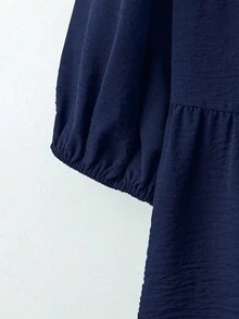 Linhara Bộ đồ 2 mảnh dành cho nữ cỡ lớn, màu trơn, thắt nơ phía trước và quần ống rộng in hoa, kiểu dáng thường ngày. - Màu xanh hải quân - Xem 3