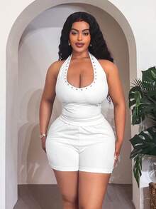 Veslaya Plus Size Women's Metal Rivet Decor Stretchy Soft Fabric Halter Top And Fitted Shorts Set, Spring/Summer Vacation White Sexy - White - View 2