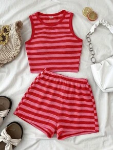 SHEIN Tween Girls Cute Red Polka Dot Summer 2 Pieces Set,Textu Jacquard Cropped Top And Elastic Waist Shorts,Casual Vacation Holiday Beach Wear For Kids - Red - View 2