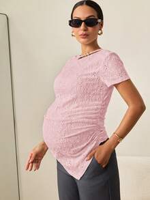 MaterniWear Maternity Casual Asymmetrical Hem Short Sleeve T-Shirt - Baby Pink - View 4