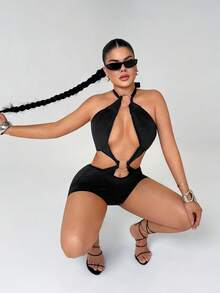 SHEIN SXY Bộ jumpsuit cổ yếm khoét hở gợi cảm - màu đen - Xem 3