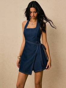 Poéselle Bộ áo liền quần không tay hở lưng dành cho nữ, màu trơn, thời trang mùa hè, chất liệu denim. - Màu xanh lam - Xem 5