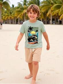 SHEIN 2pcs/Set Tween Boy Palm Tree Print Short Sleeve T-Shirt And Solid Shorts Set, Suitable For Casual, Holiday, Sports, Summer - Green - View 4