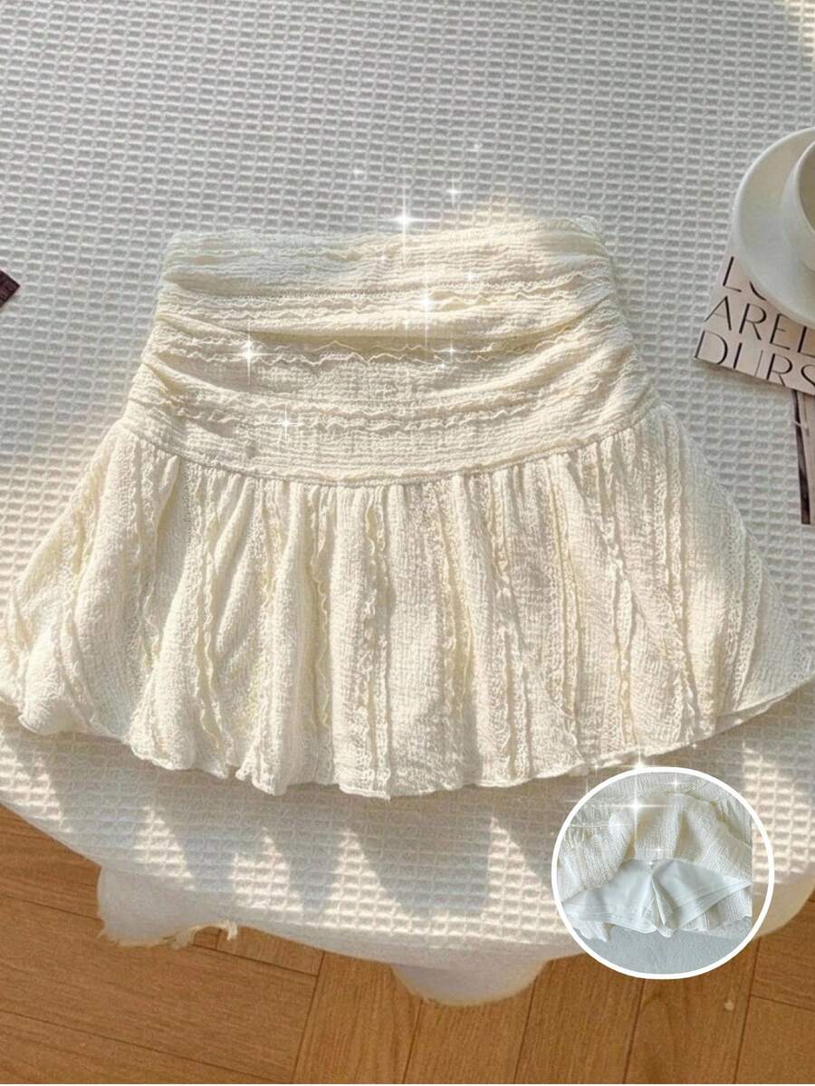 SHEIN Tween Girl Casual Knit Textured Drawstring Waist Ruched Hem Skirt - Beige - View 1