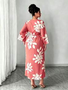 Elenzga 大码女士优雅通勤简约日常约会派对性感宴会开衩袖口修身杏色底黑色印花长裙 - 珊瑚粉 - 查看 2