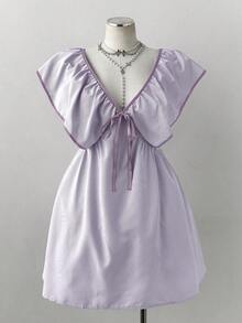Sunspun Plus Size Women's Summer Light Green Striped V-Neck Ruffle Bow Tie Dress, Retro French Style Flutter Sleeve Tie Waist Short Dress - Purple - View 3