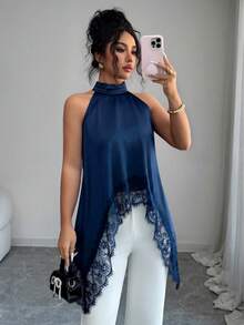 SHEIN Elenzya 女士蕾丝拼接露背休闲百搭日常衬衫 - 藍色 - 查看 3