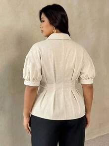 Auralis Beige Summer Smart Casual Office Bussines Formal Plus-Size Puff-Sleeved Fitted Pleated A-Line Metal-Buttoned Shirt Elegant Women Tops Teachers' Day - Apricot - View 3