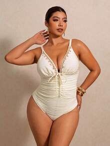Elaquor Plus Size Women Shell Decor Ruched One-Piece Swimsuit, Suitable For Beach Vacation, Pool Party, Beach Party - Apricot - View 3