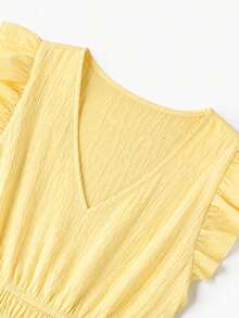 SHEIN Holidaya Women's Solid Color V-Neck Cap Sleeve Waist Ruched Dress, Vacation - Butter Yellow - View 5