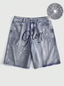 ROMWE MEN Men's Embroidered Pattern Pearl Studded Loose Denim Shorts - Blue - View 1