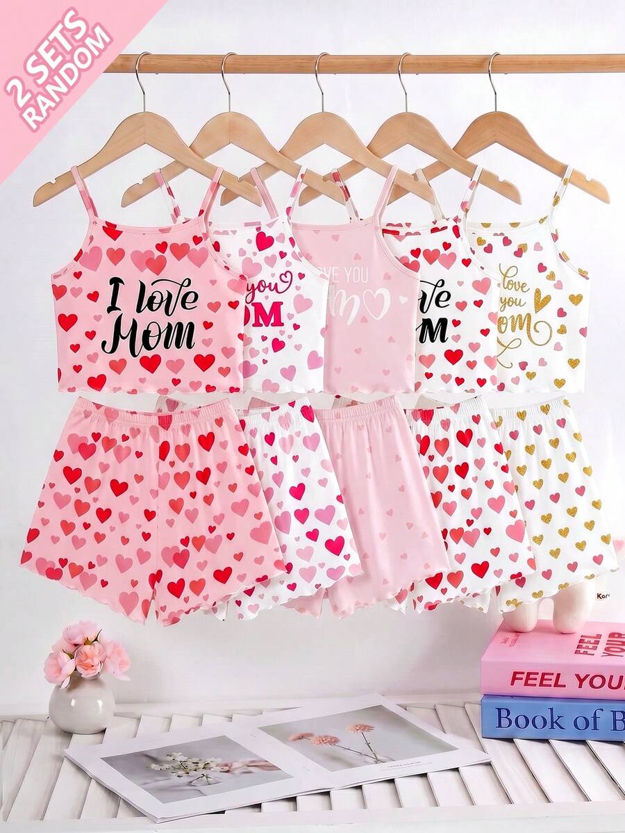 SHEIN 【随机两套】女童夏季新款吊带睡衣套装，爱心印花设计，柔软针织面料，宽松吊带背心和短裤，甜美风格，适合少女，四件套家居服