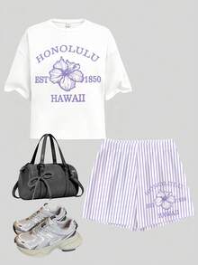 青少年女孩白色夏威夷木槿花與字母印花兩件套，夏季街頭風寬鬆圓領短袖T恤與短褲，度假假期穿搭 - 彩色 - 查看 2