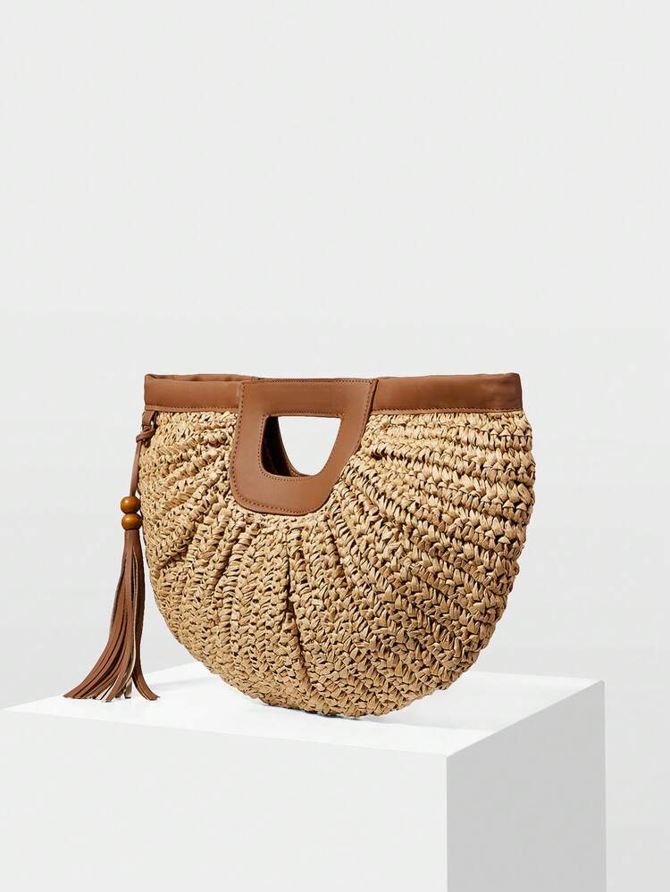 WOMEN'S FASHION KHAKI STRAW HANDBAG, SEMI-CIRCULAR DESIGN, EXQUISITE VACATION FRINGED BAG, SUITABLE FOR VACATION, TRAVEL, BEACH, SEASIDE, BOHEMIAN MATCHING