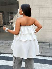 Maweii Plus Size Women Solid Color Multi-Layer Ruffle Hem Wrap Crop Top - White - View 2