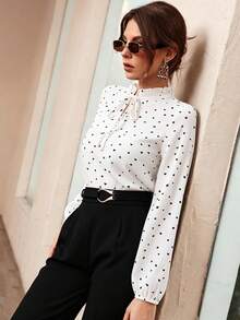 Modelyn Fashionable Youthful French Style Heart & Polka Dot Long Sleeve Stand Collar Ruffle Loose Slimming Versatile Women's Blouse - White - View 5