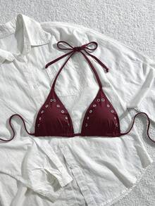 Swim Basics Women's Solid Color Halter Tie Keyhole Decor Bikini Top, Suitable For Summer Vacation & Beach - Burgundy - View 3