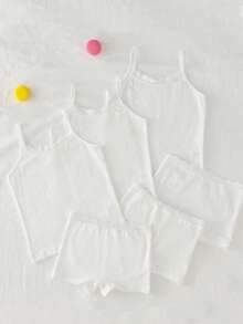 6pcs/Set Young Girl' Basic Sweet Minimalist Multi-Color Lace Trim Camisole & Boyshort Underwear Set Girl Cotton Shorts Sets 6t Summer - White - View 2