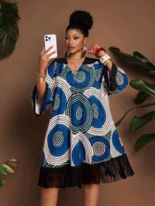 Maweii Plus Size Geometric Retro Print Contrast Color Tassel Loose Casual V-Neck Batwing Sleeve Dress - Blue and White - View 1